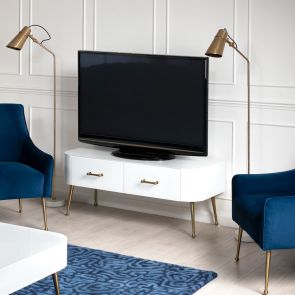 Mason White Glass TV Media Unit – Brushed Gold Legs