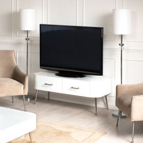 Mason White Glass TV Media Unit – Shiny Silver Legs