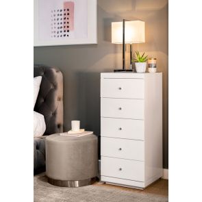 Pimlico White Glass Tallboy Chest with 5 drawers 