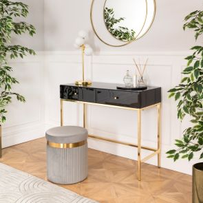 Stiletto Toughened Black Glass and Brass Console Table