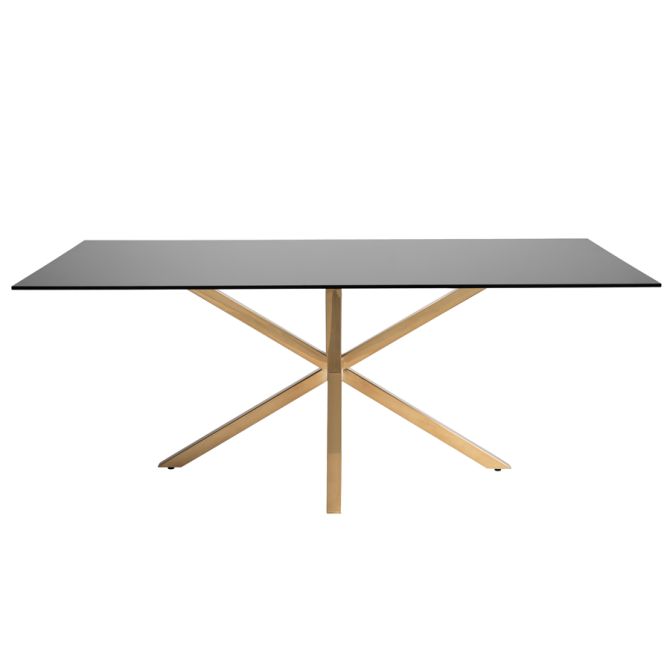 Product photography of a rectangular glass dining table.
