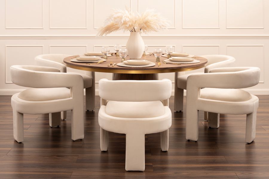 Wooden dining table and chairs with the table set.